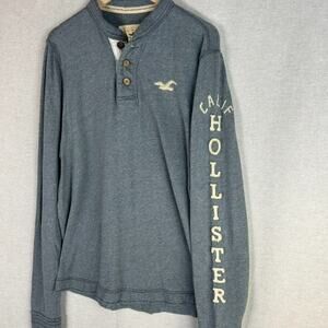 Hollister Mens Y2K‎ Henley Shirt Size XL Spellout Logo Preppy Long Sleeve Button